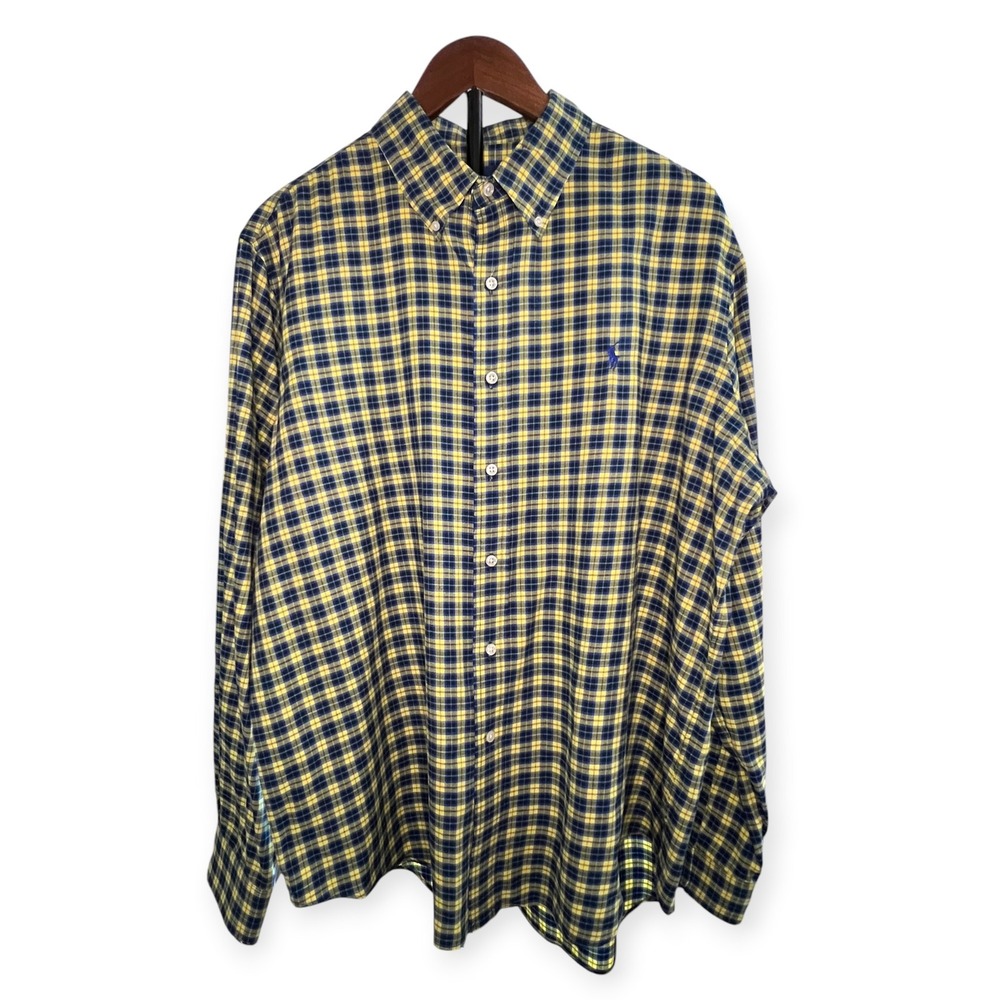 Vintage Ralph Lauren Yellow Plaid Button Down Shirt XL Retro Preppy